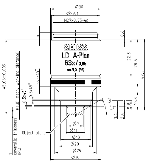 蔡司物鏡Objective LD A-Plan 5x/0.15 M27長(zhǎng)工作距離明場(chǎng)